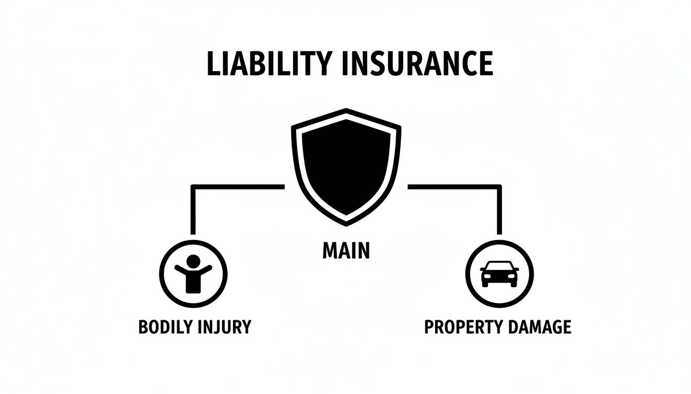 A diagram illustrating liability insurance, showing its two main components: bodily injury and property damage coverage.