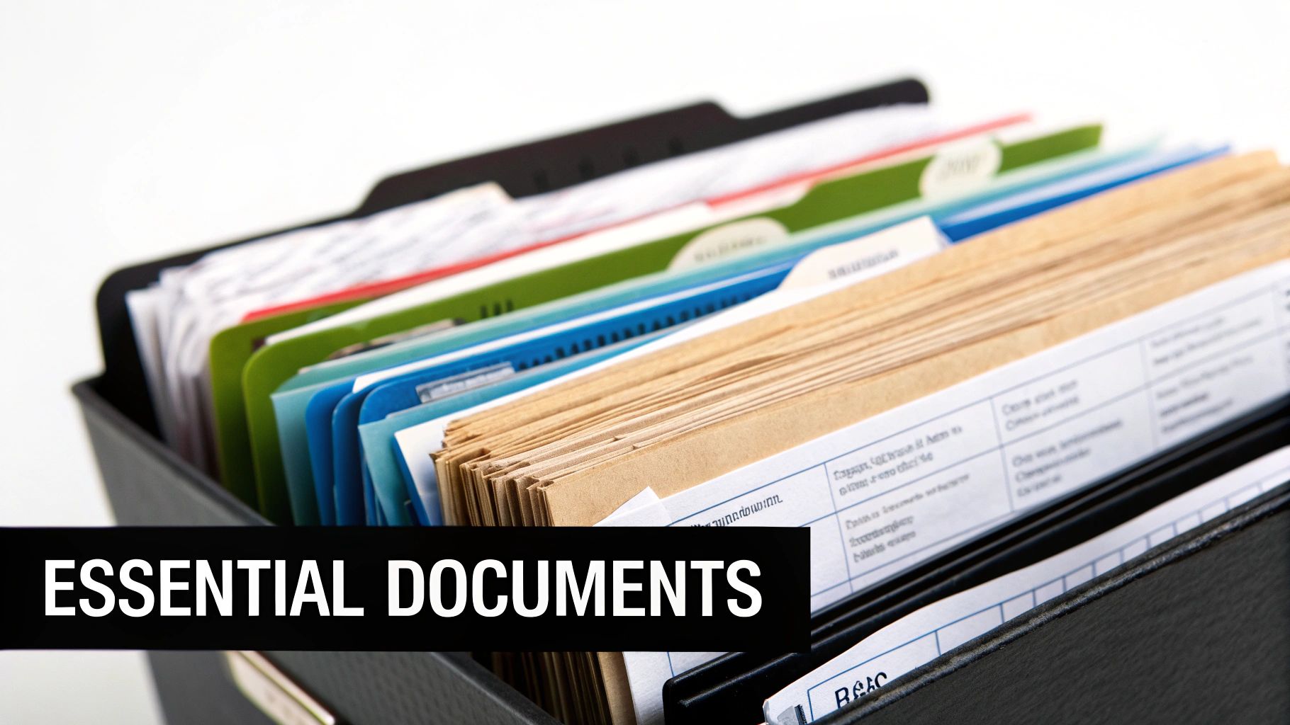 A black file box filled with various colorful and manila folders containing essential documents.