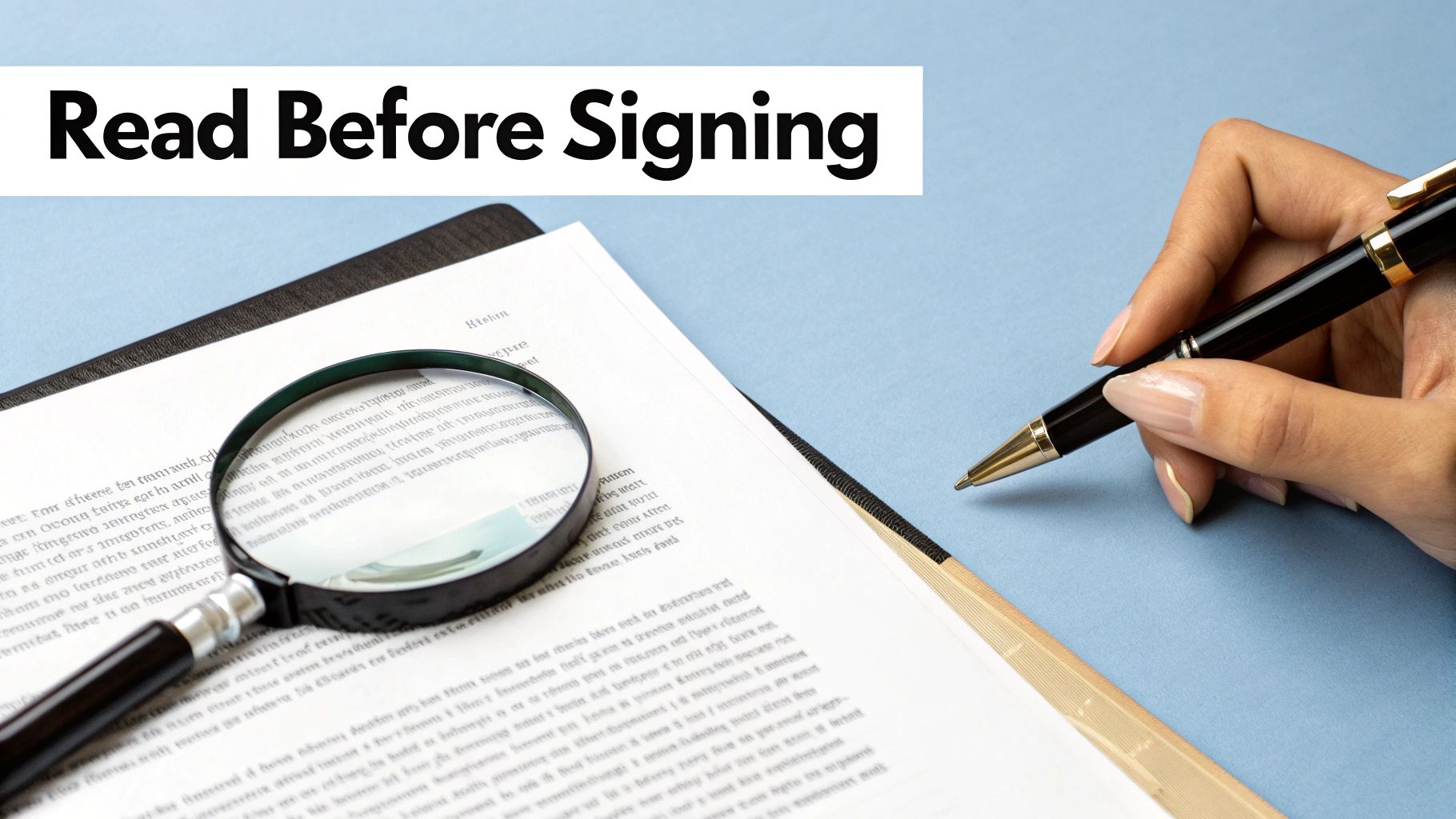 A person carefully reviewing a legal document with a magnifying glass.