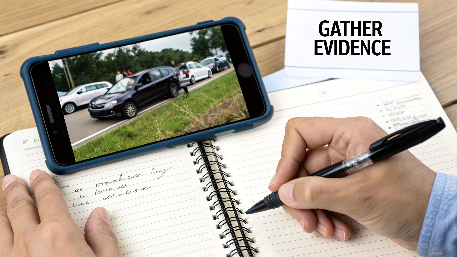 A person taking photos of car damage with their smartphone after an accident.