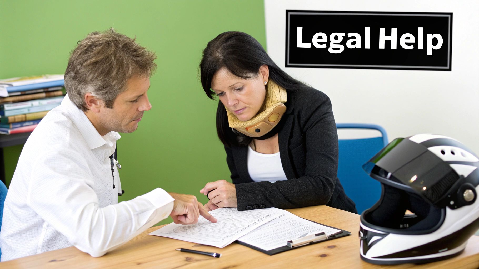 A woman with a neck brace and a man discuss documents at a table with a motorcycle helmet, under a 'Legal Help' sign.
