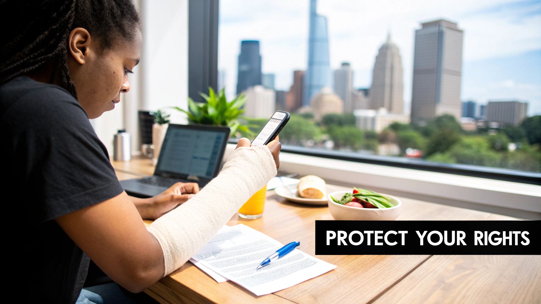 Injured person with bandaged arm looking at phone and legal documents, with text 'PROTECT YOUR RIGHTS'.