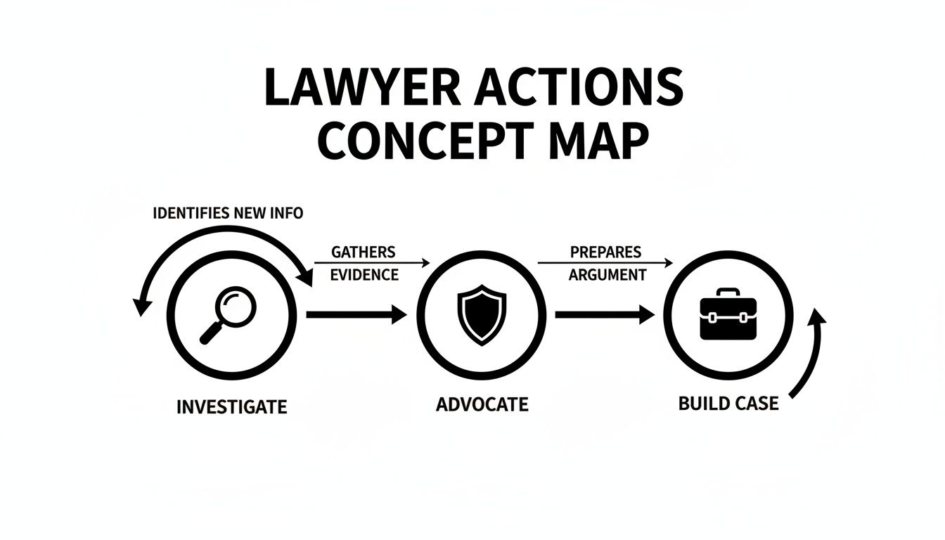 A concept map illustrating the cyclical actions of a lawyer: investigate, advocate, and build case.