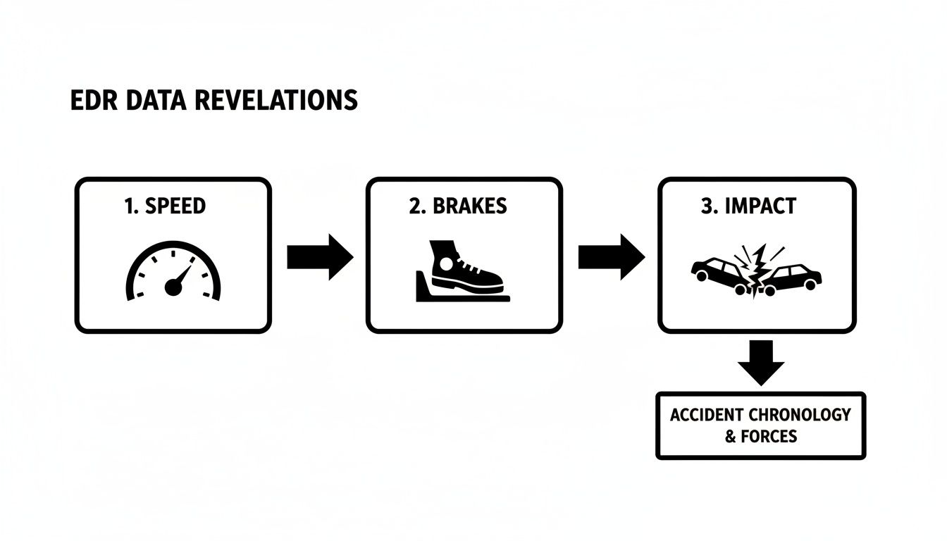 Flowchart illustrating how EDR data reveals accident details: speed, brakes, impact, leading to accident chronology and forces.