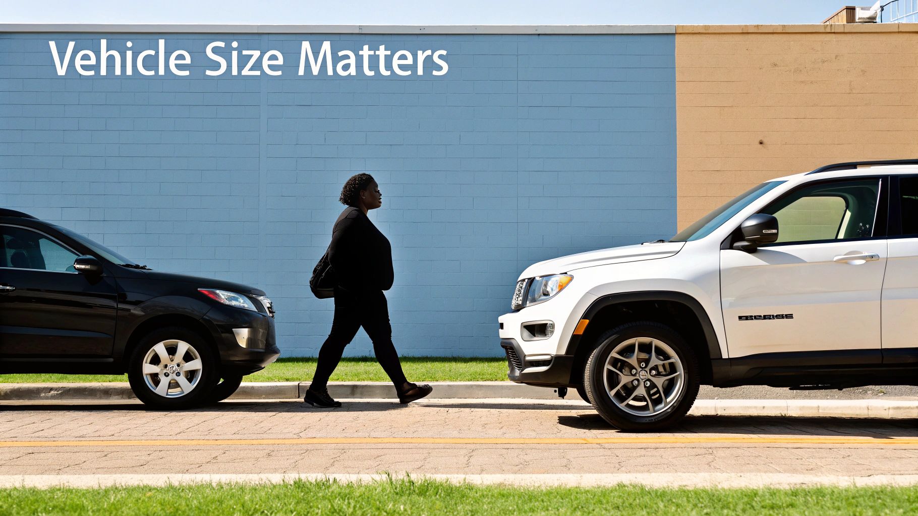 A large black SUV on an urban street, emphasizing its size and height compared to the surroundings.