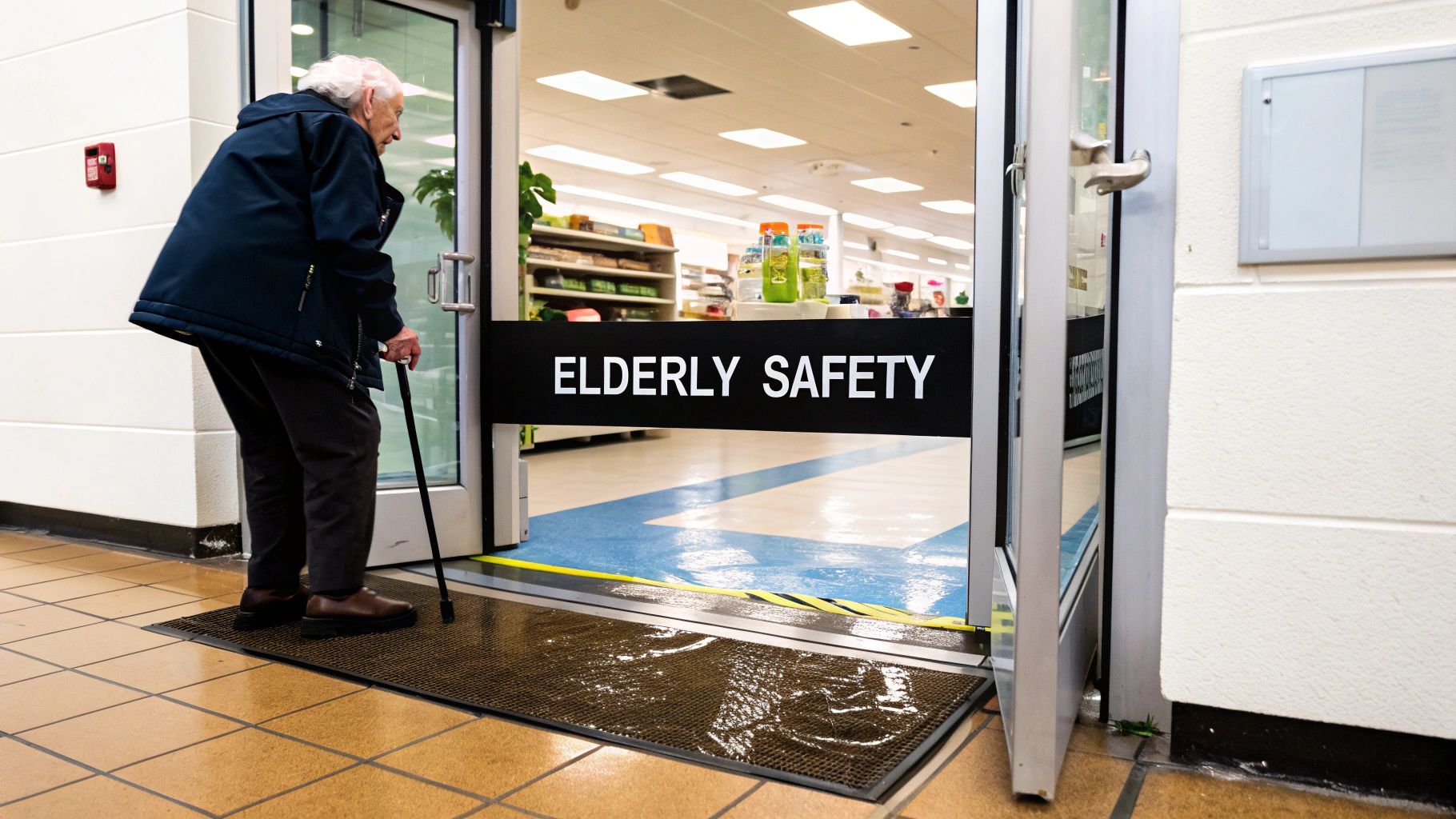 Elderly person with a cane stepping onto a wet mat at a store entrance with an 'ELDERLY SAFETY' sign.
