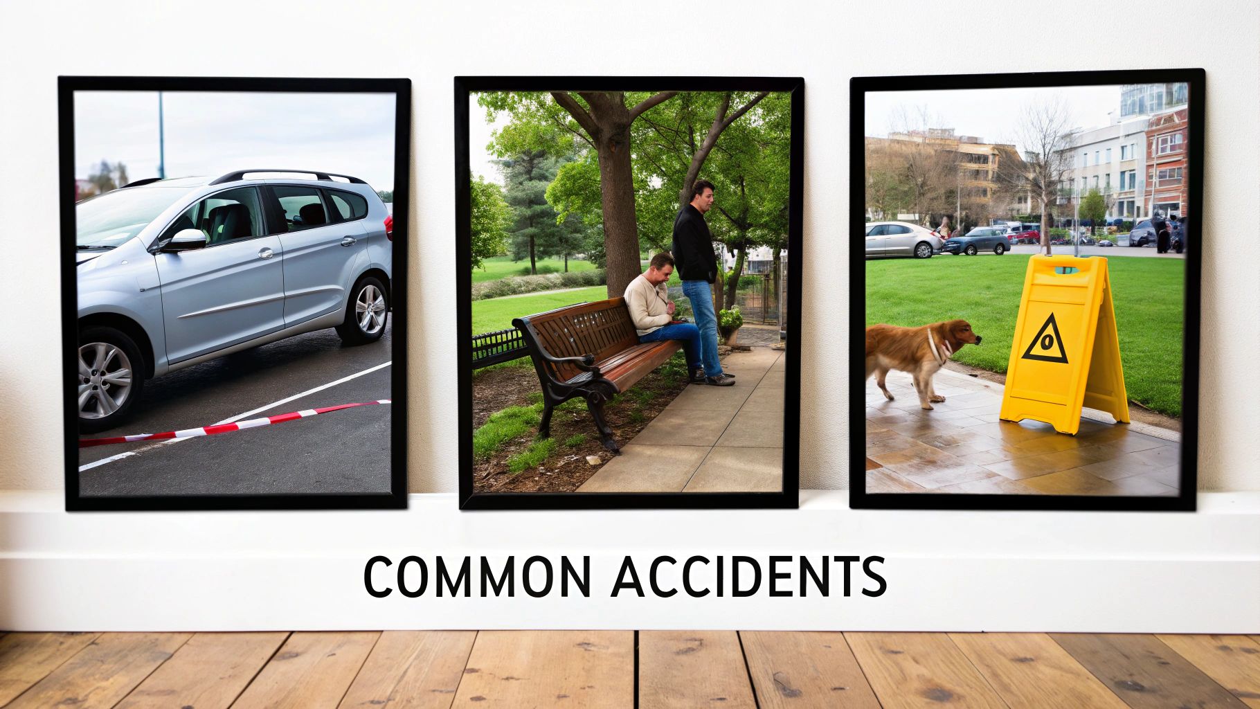 Three framed pictures illustrating a car incident, people in a park, and a dog near a caution sign, representing common accidents.