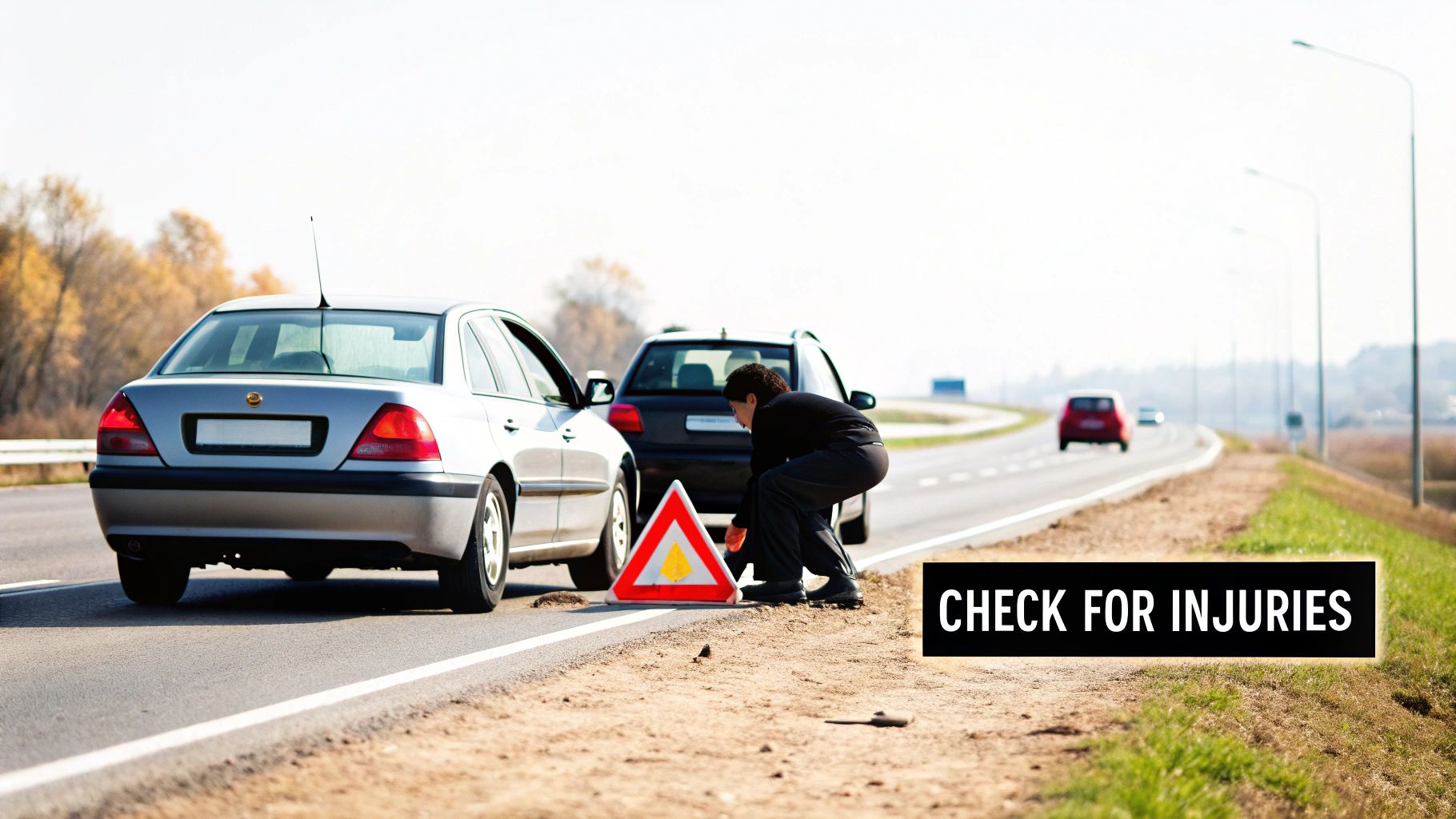 A person places a warning triangle behind two cars stopped on a highway shoulder after an incident.