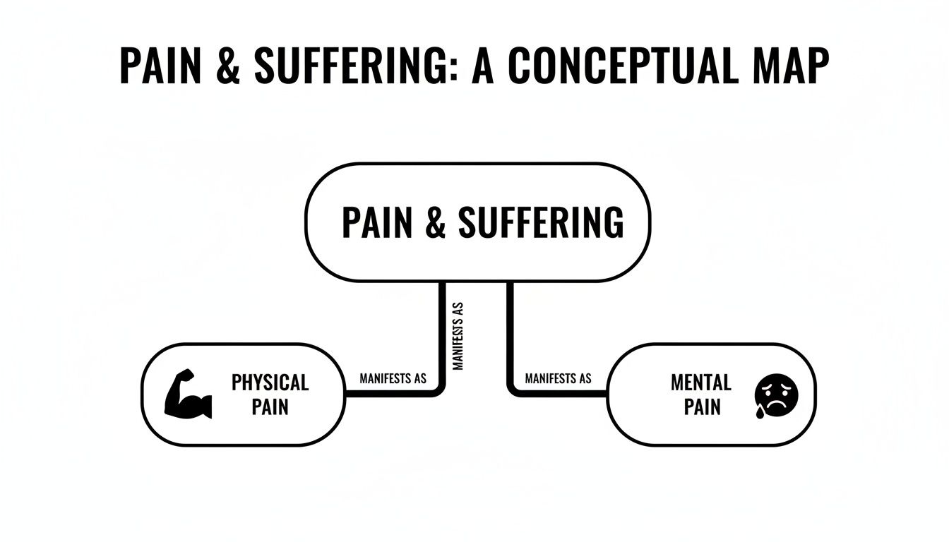 A conceptual map illustrating pain and suffering, broken down into physical and mental manifestations.