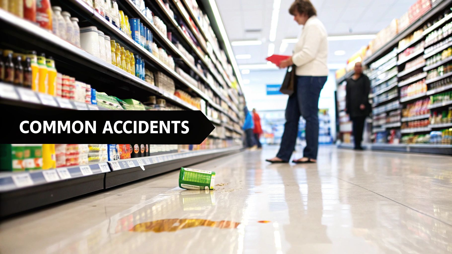 A spilled drink and overturned can on a supermarket floor, illustrating a common slip and fall accident.