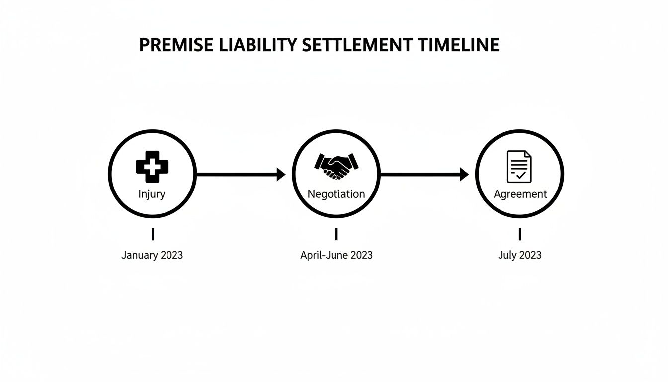 Timeline illustrating the premise liability settlement process from injury to negotiation to final agreement.