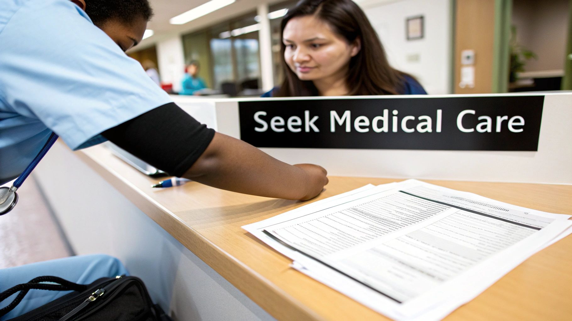 A medical professional in scrubs assists a patient at a clinic reception desk with forms.