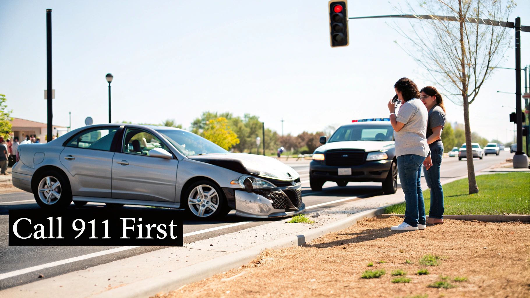Two women stand near a car accident with a damaged silver car and police vehicle. One calls 911.