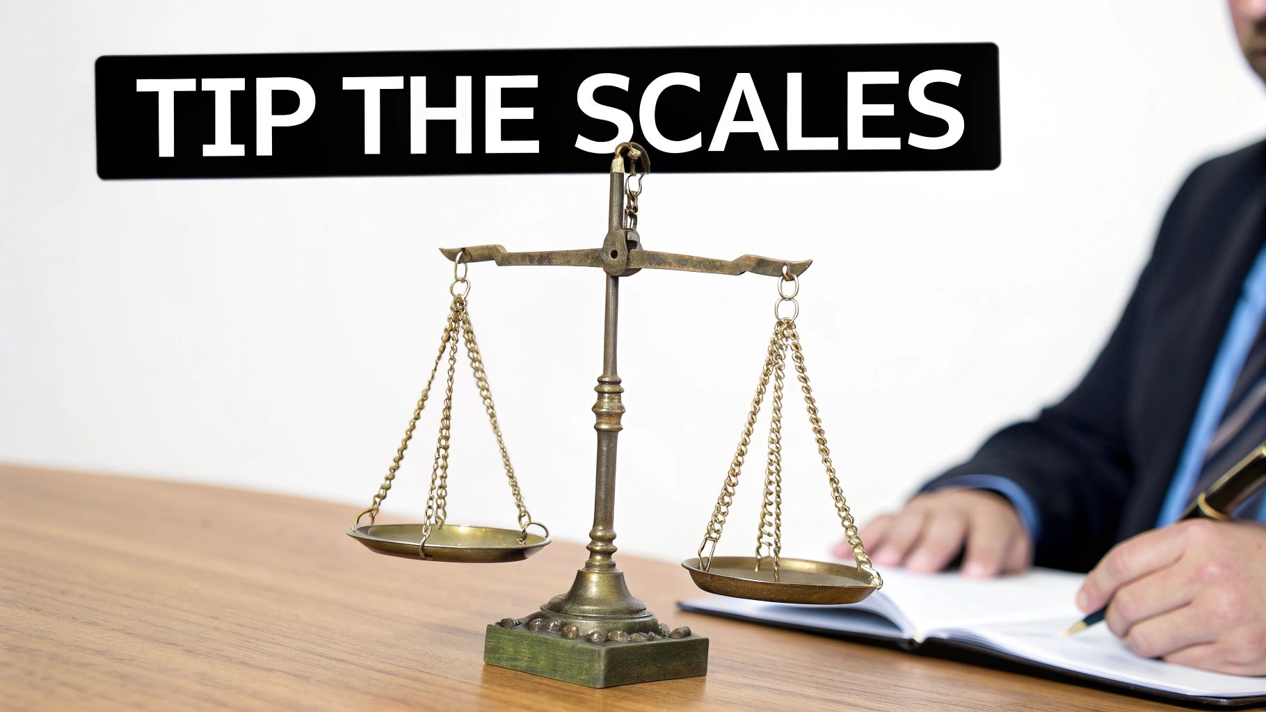 A classic balancing scale representing the legal burden of proof.