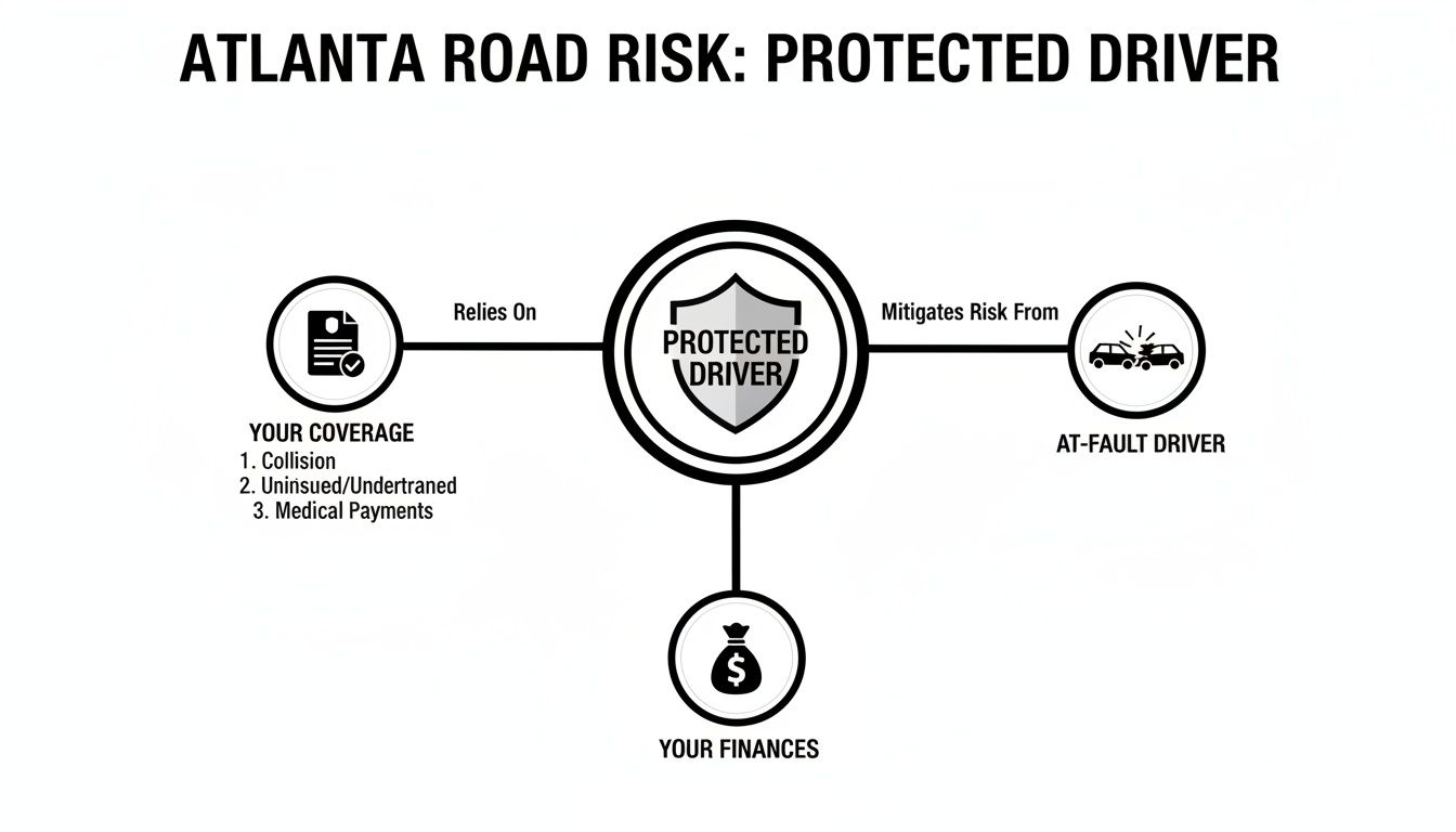 Diagram illustrating how a protected driver relies on coverage and finances, mitigating risk from at-fault drivers.