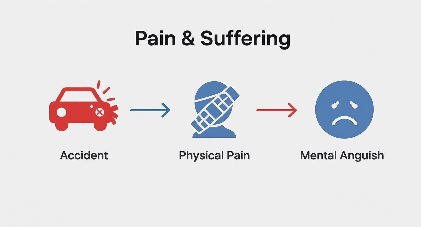 A diagram illustrating how a car accident causes physical pain, leading to mental anguish and suffering.