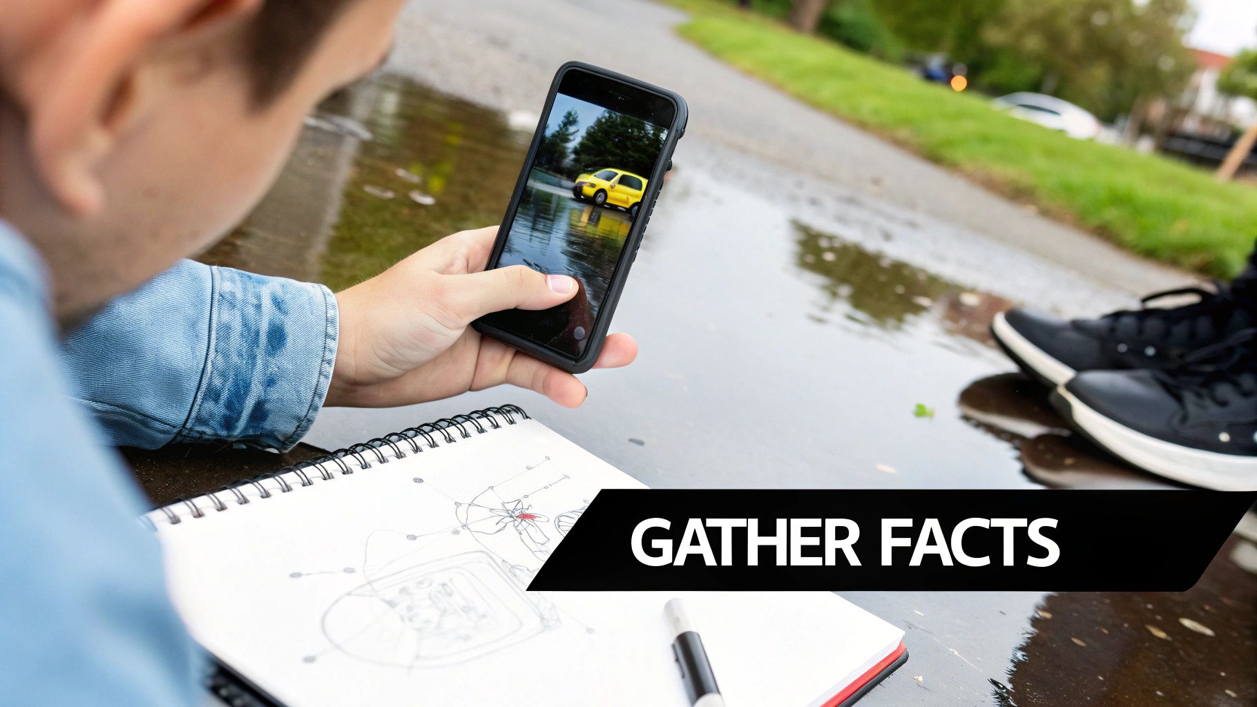 A person holding a smartphone displaying a yellow car in a puddle, next to a sketchbook with drawings.