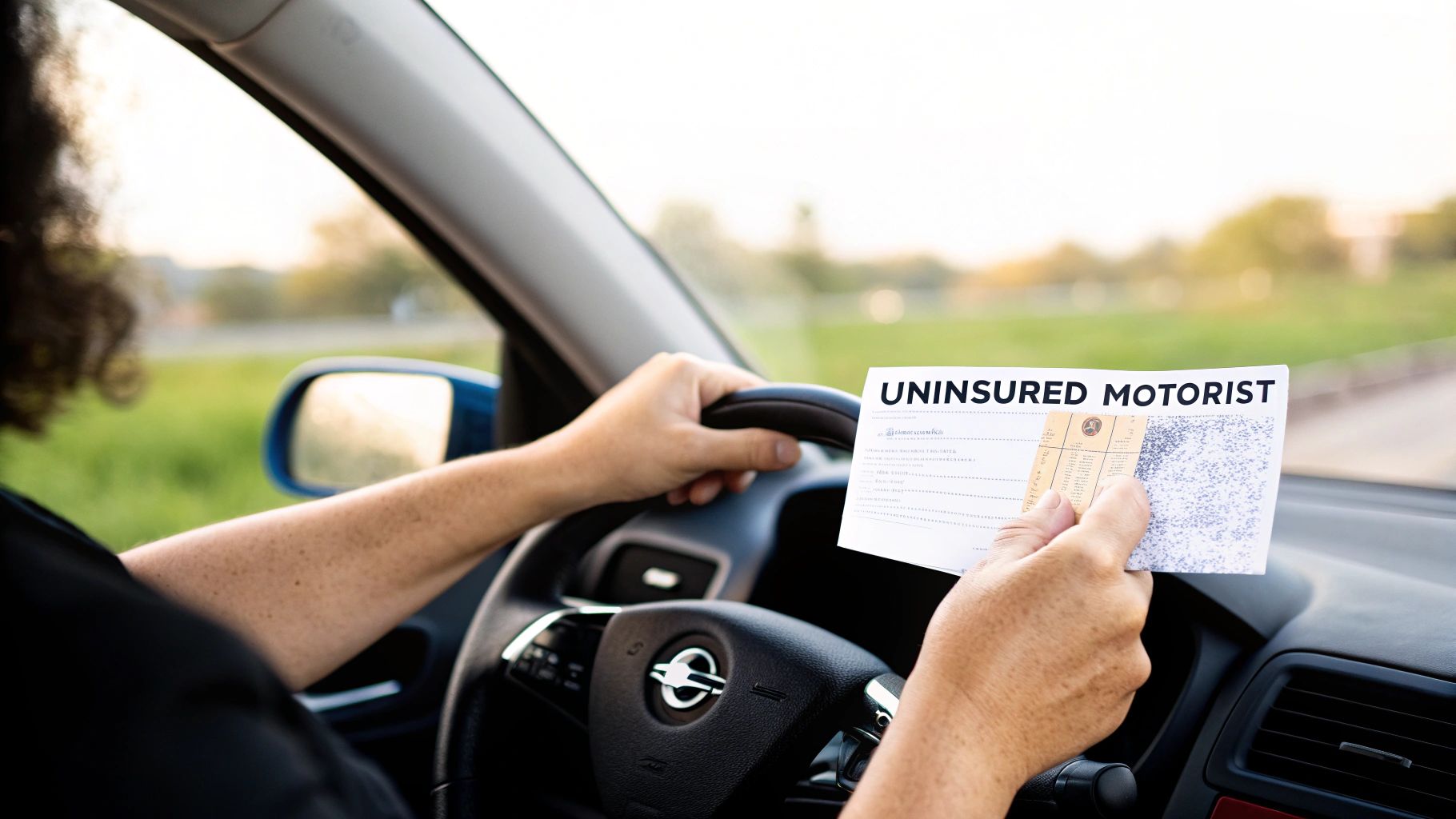 A person holding a small umbrella over a toy car to protect it, symbolizing insurance coverage.
