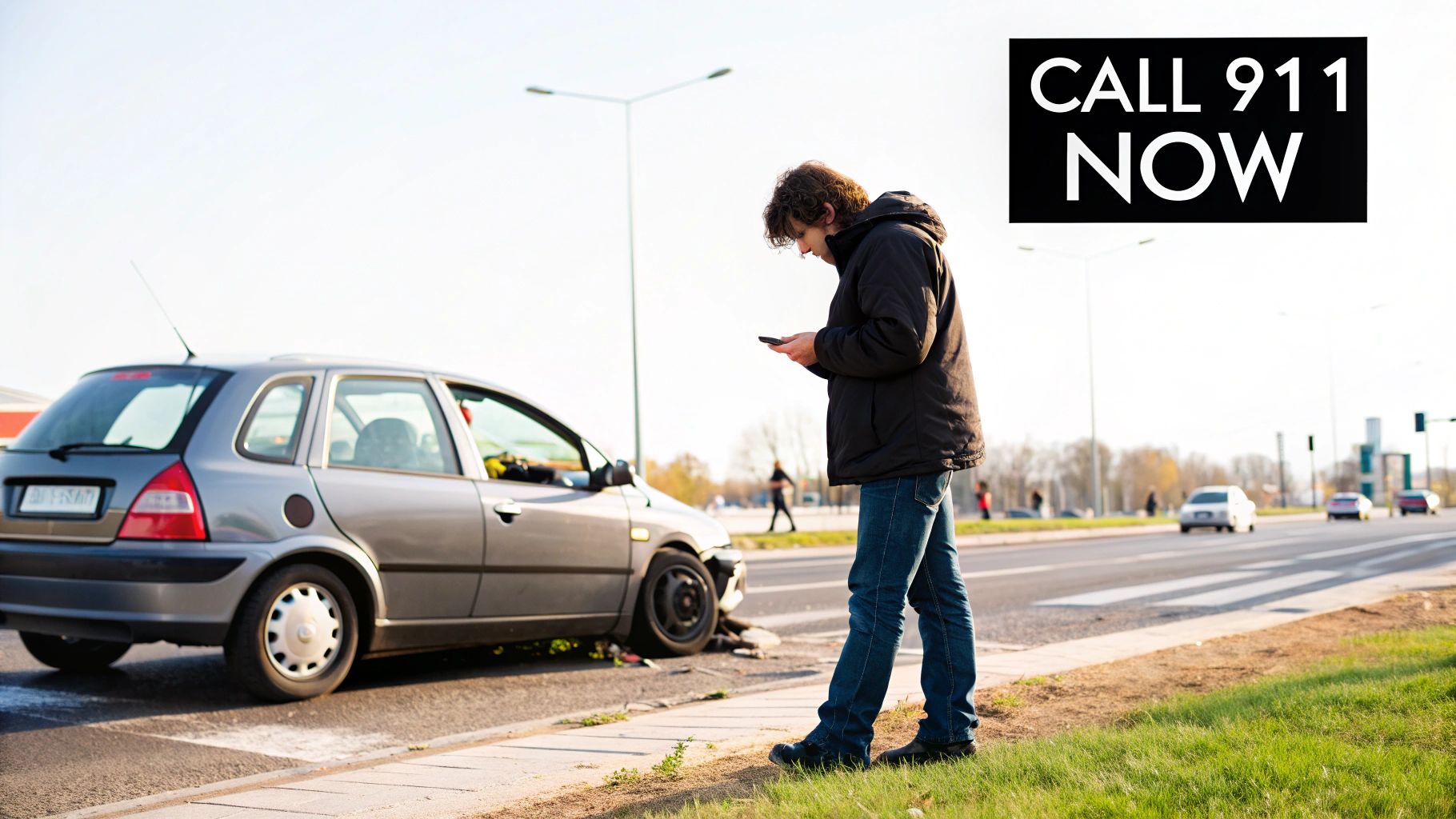 A man on his phone next to a crashed grey car on the roadside, with a 'CALL 911 NOW' sign.