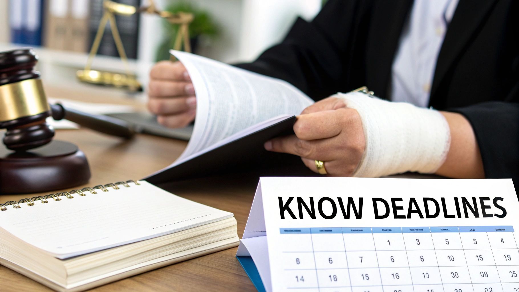 A legal professional with a bandaged wrist reviews documents, emphasizing knowing deadlines with a calendar.