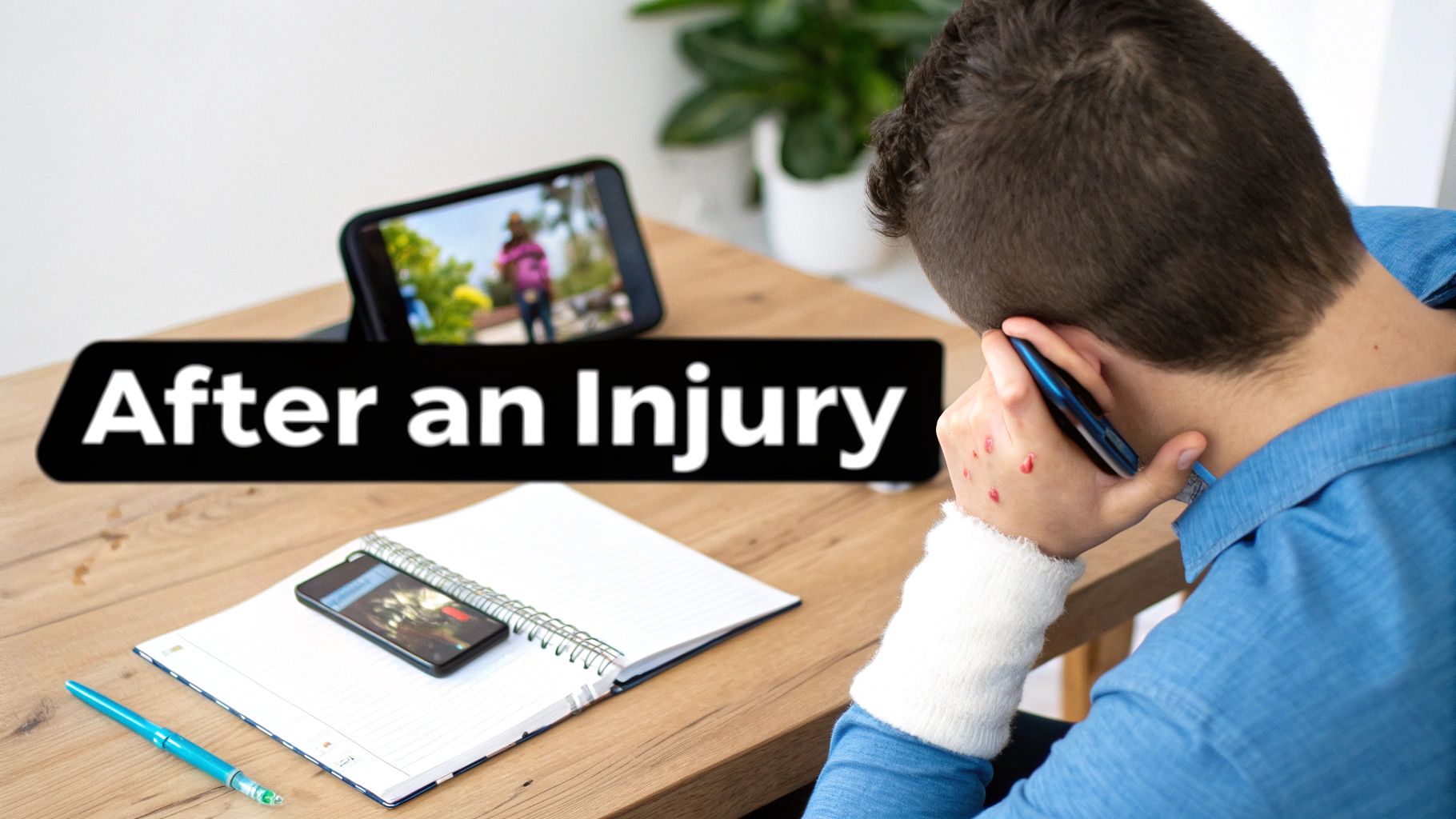 Person with arm cast talking on phone after injury while taking notes at desk