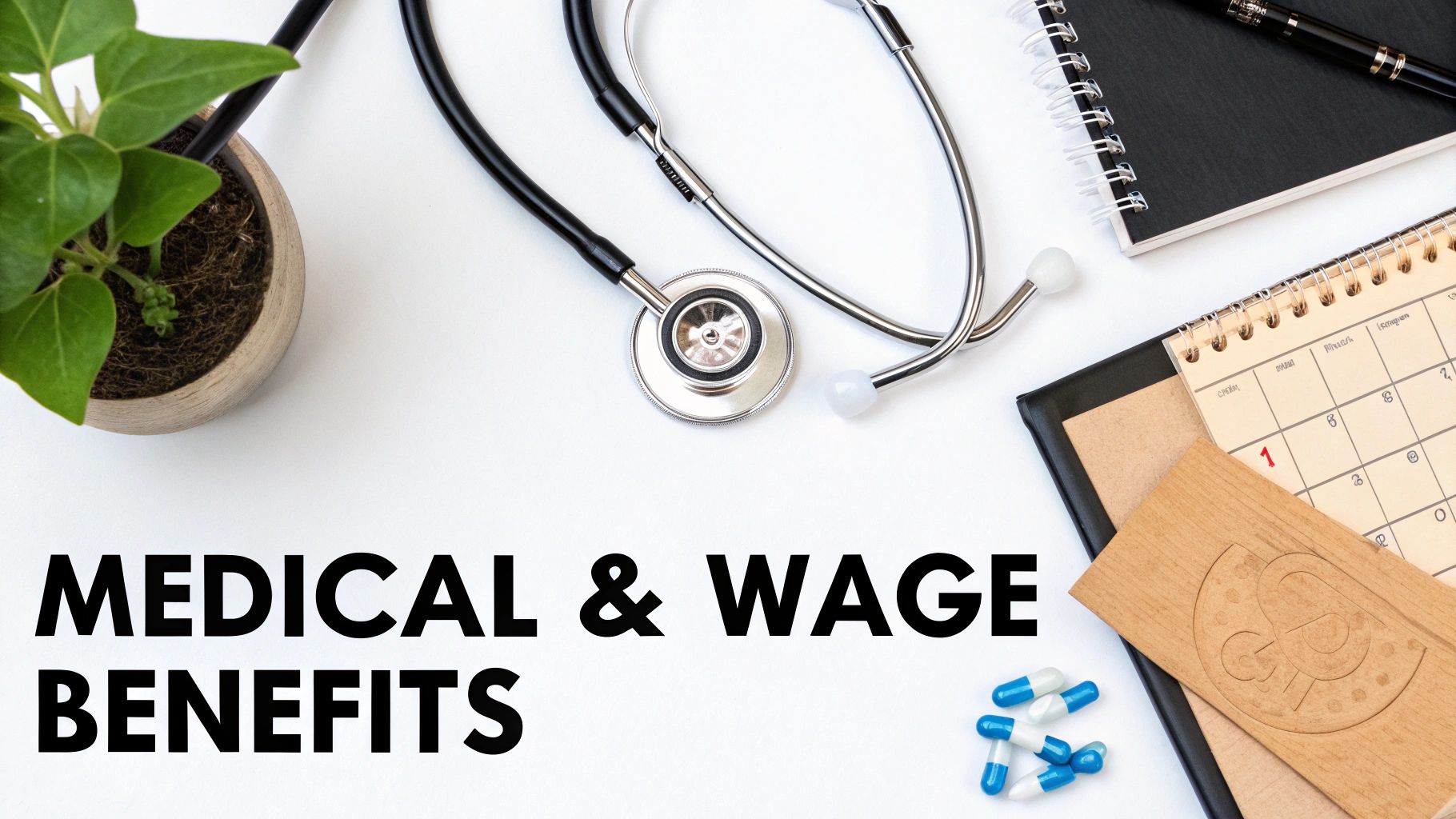 Overhead view of 'MEDICAL & WAGE BENEFITS' text, a stethoscope, pills, and a calendar.