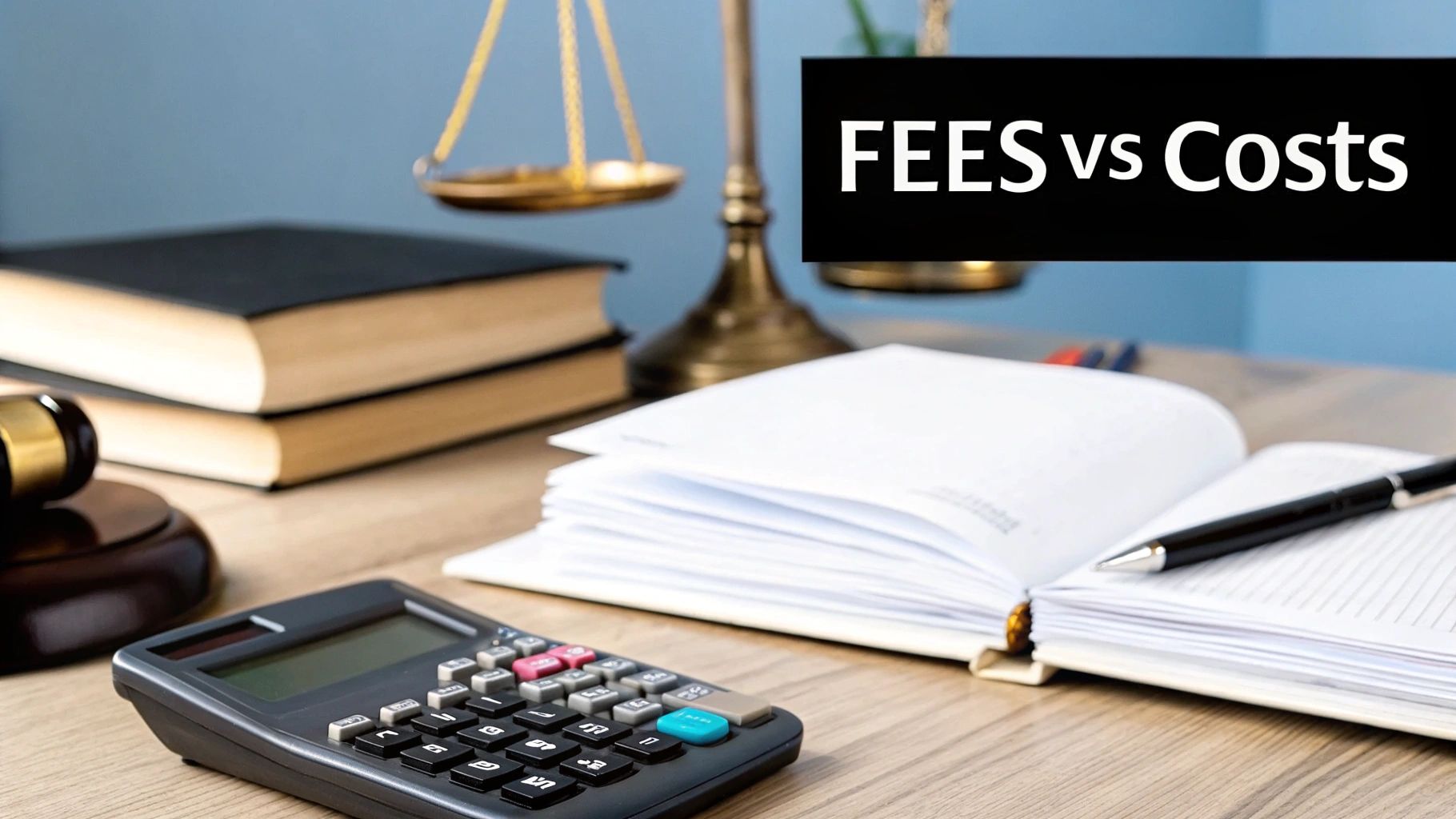 A calculator, pen, and a stack of receipts on a desk, representing the calculation of case costs.