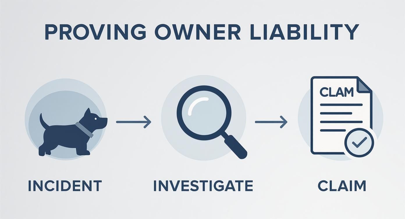 Infographic illustrating steps to prove owner liability for a dog bite: incident, investigation, claim.