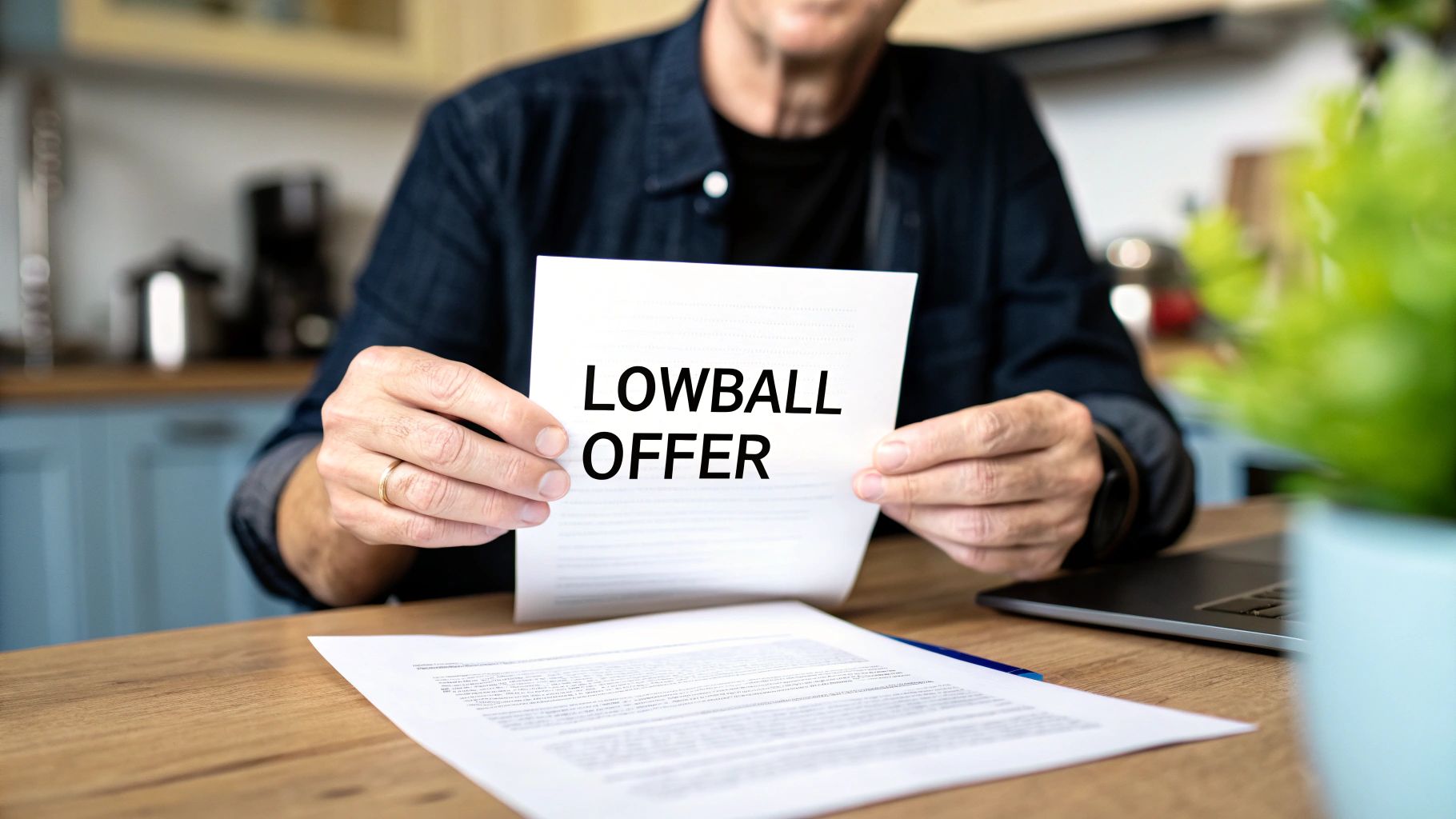 A person holding a document showing 'LOWBALL OFFER' at a table with papers and a laptop.