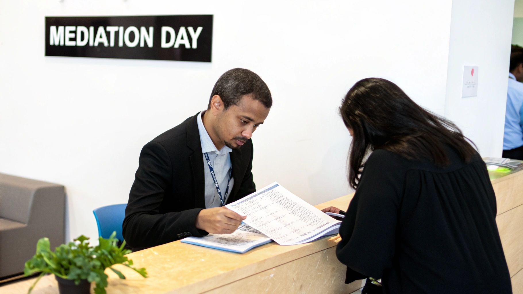 A group of people sitting around a conference table during a mediation session.