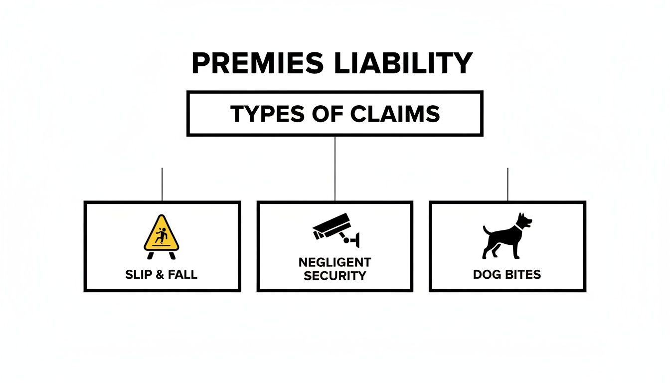 A diagram outlining common premises liability claims: slip and fall, negligent security, and dog bites.