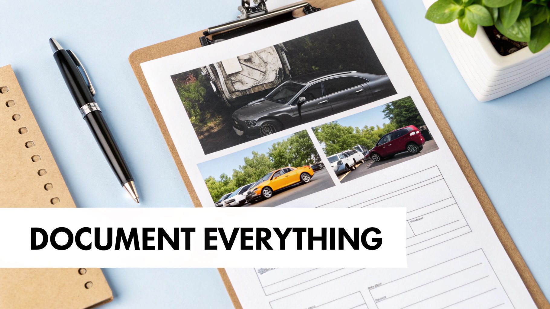 A clipboard with car accident photos, a pen, and a notebook on a light blue desk. The text reads 'DOCUMENT EVERYTHING'.