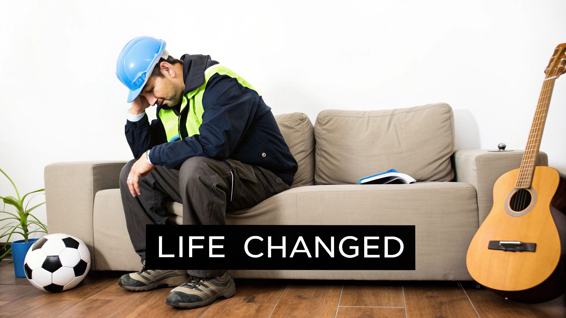 A distressed worker in a hard hat sits on a couch, head in hand, near a soccer ball and guitar.