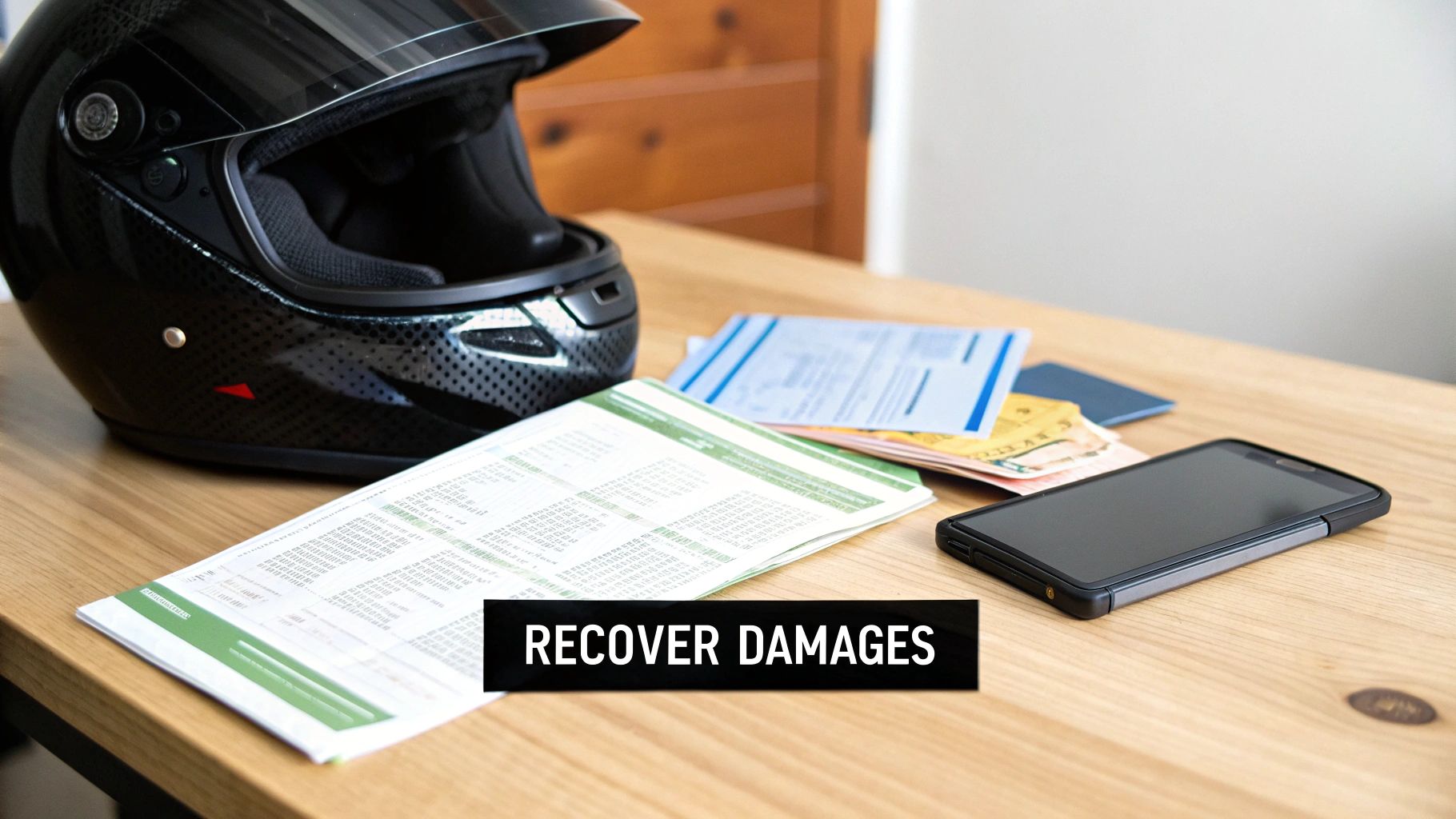 A black motorcycle helmet, scattered documents, and a smartphone on a wooden table, with text overlay 'RECOVER DAMAGES'.
