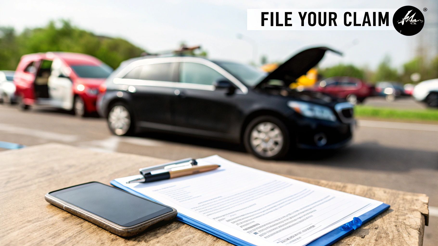 A driver on the phone next to their damaged car after an accident, taking the first steps to file a claim.