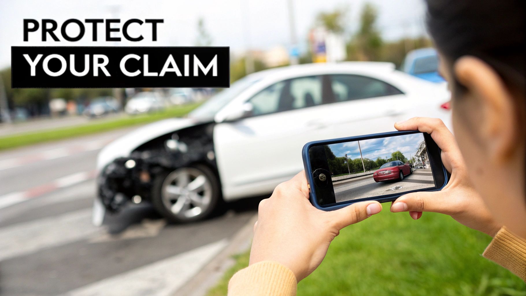A person photographs a damaged white car after an accident with a smartphone, emphasizing 'PROTECT YOUR CLAIM'.