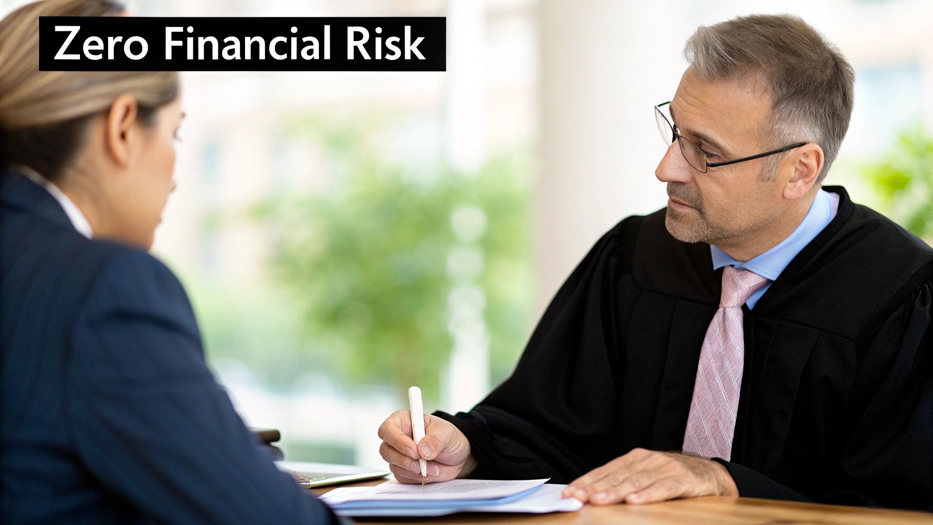 Smiling attorney and client shaking hands in an office.