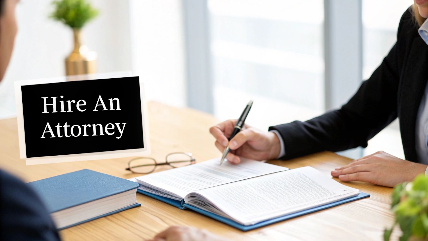 A person signing legal documents at a desk, with a 'Hire An Attorney' sign in front, implying legal consultation.