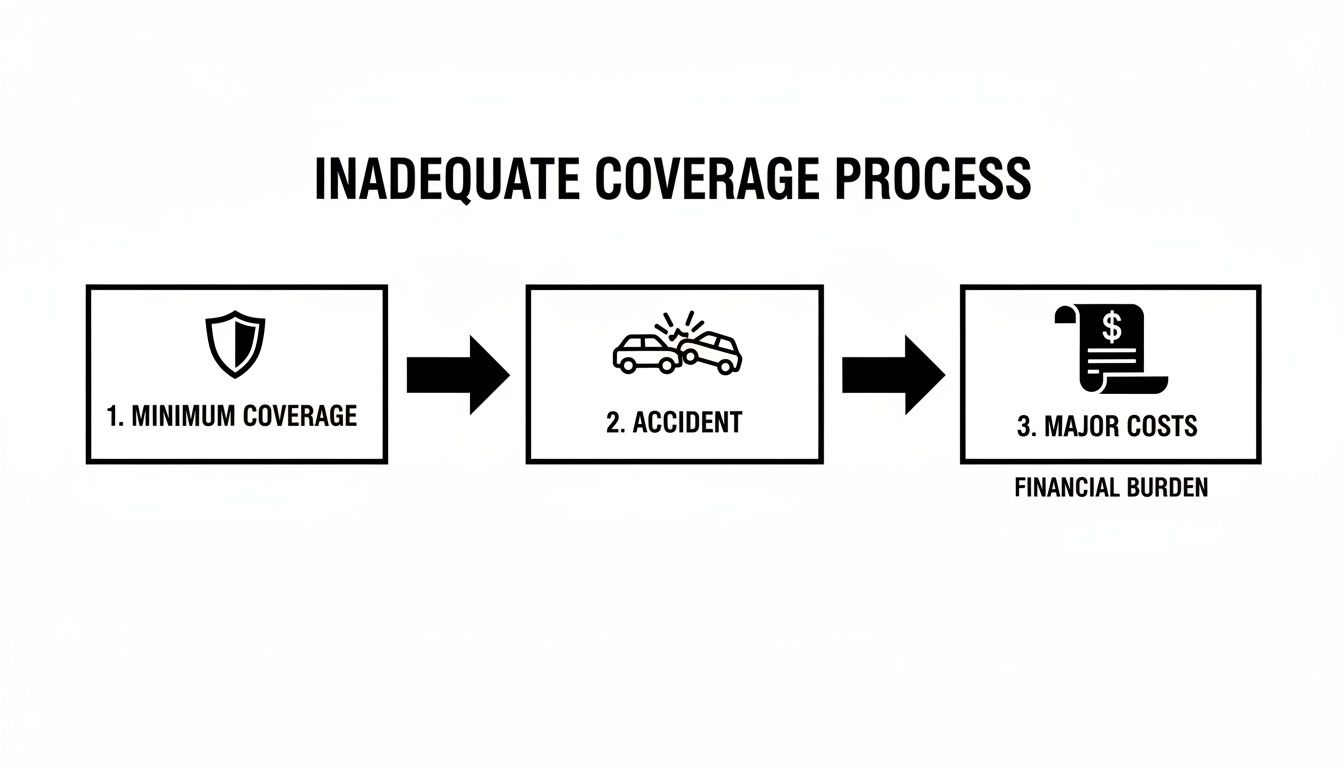 A flowchart illustrating the inadequate coverage process from minimum coverage to major financial burden after an accident.