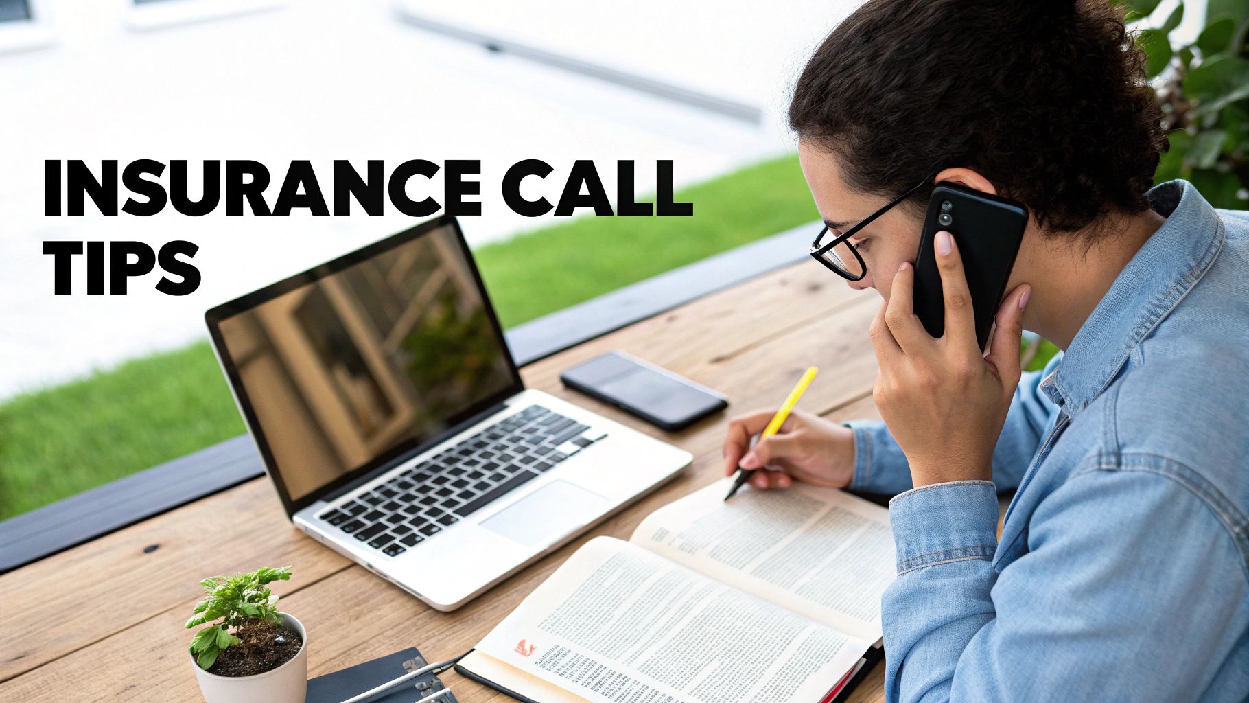 Person on a phone call, writing notes from an open book, with a laptop nearby for insurance tips.