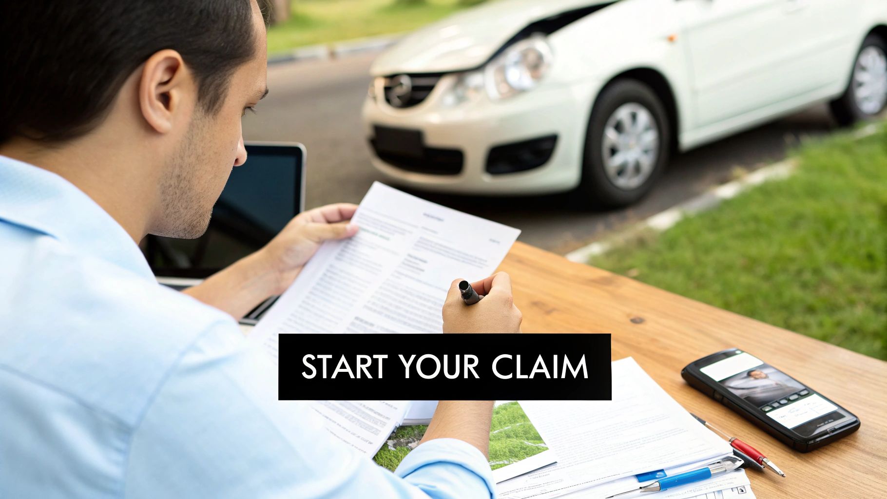 Man reviewing insurance claim documents after car accident with damaged white vehicle in background