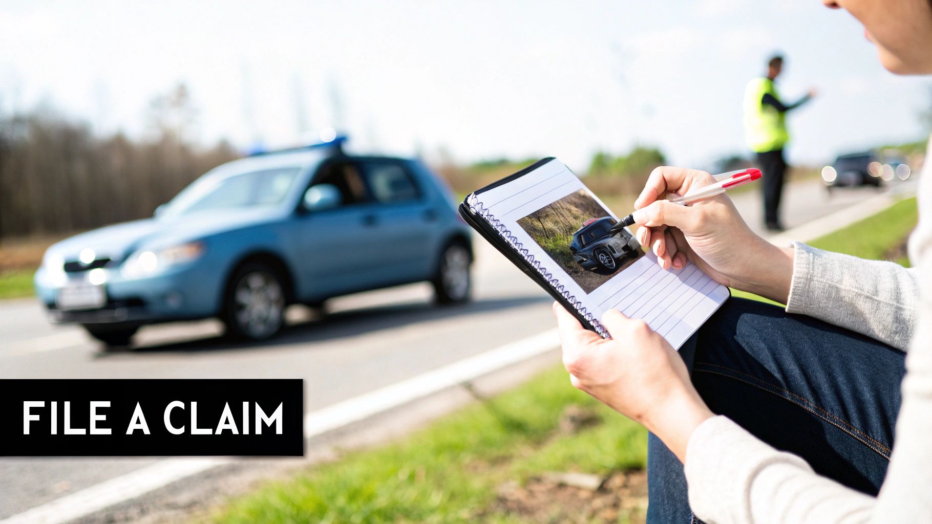 A person on the phone, looking at their damaged car after an accident.