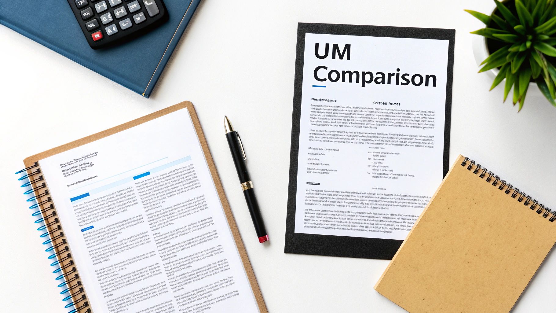 A top-down view of a modern desk with documents, a calculator, a pen, and a green plant.