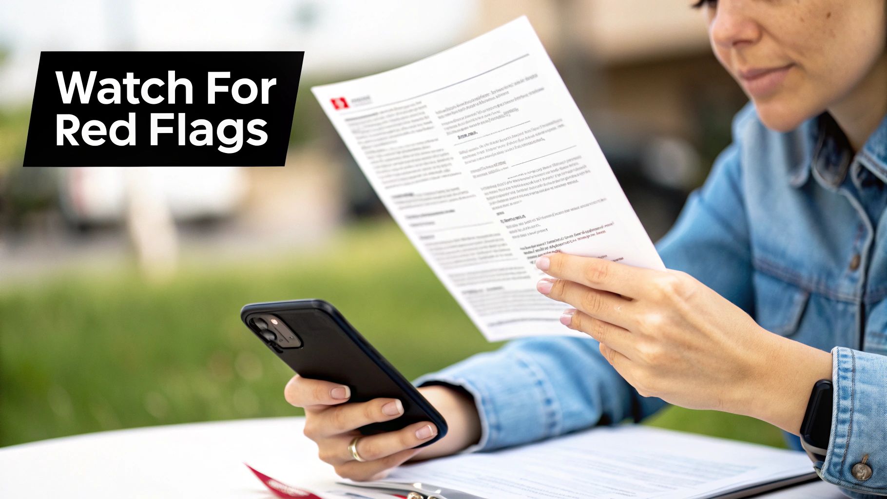 A person looking at their phone with a concerned expression, representing a red flag in dealing with insurance adjusters.