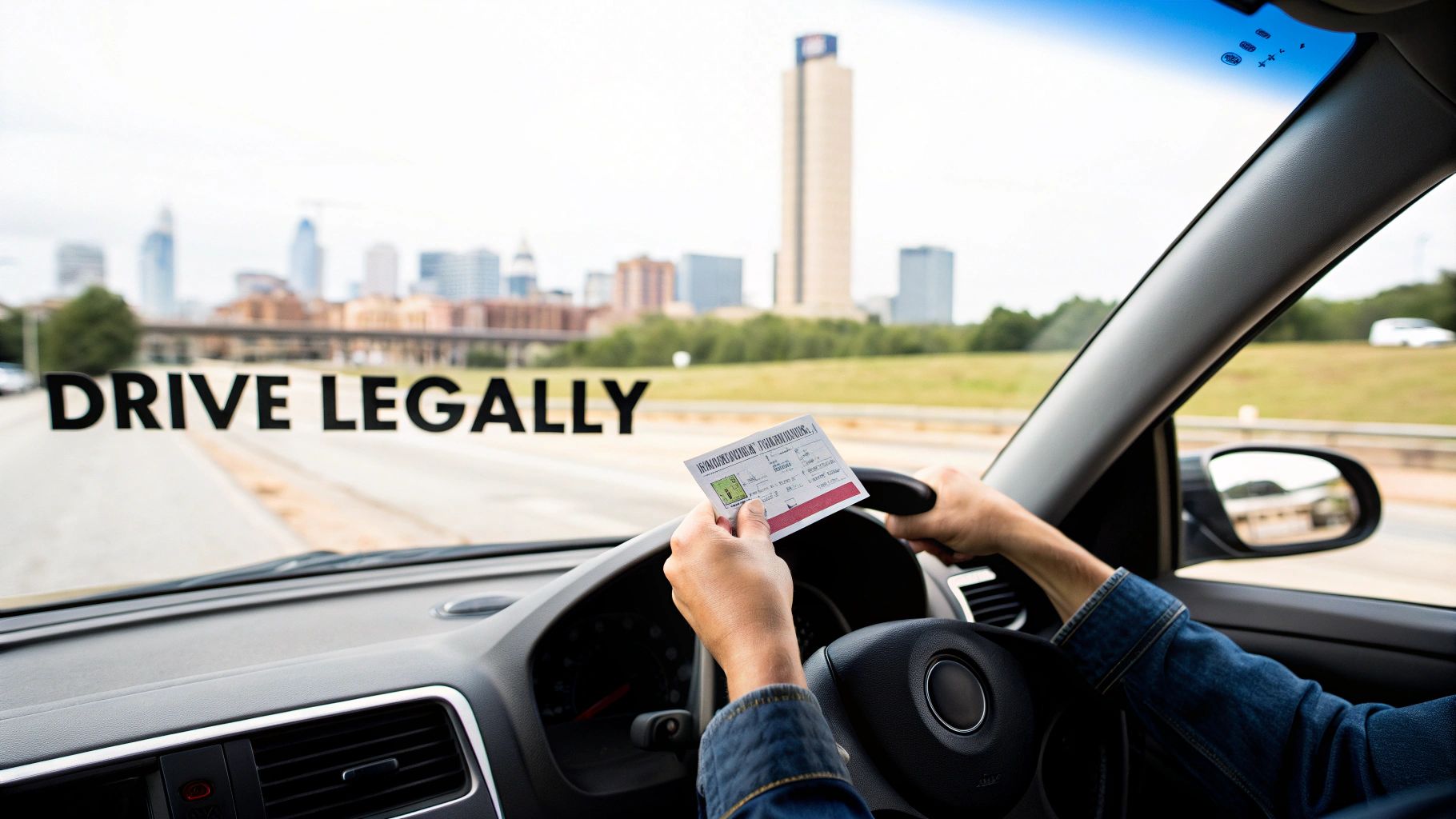 A woman confidently driving a modern car through a city setting.