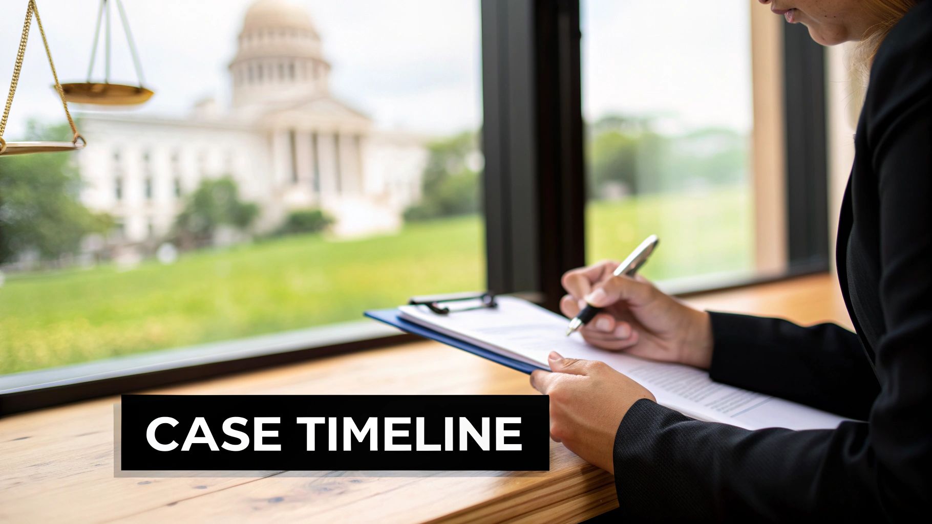 A lawyer writing on a clipboard with a pen, courthouse and scales of justice blurred in the background, with 'CASE TIMELINE' text.