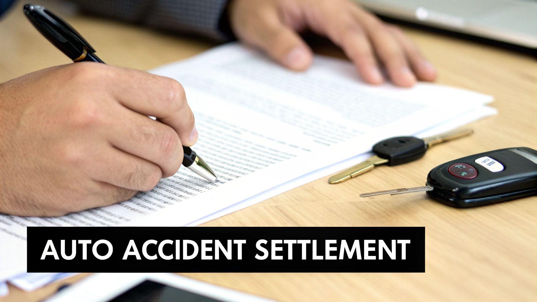 A person signing an official settlement document at a wooden desk, symbolizing the final agreement in an auto accident claim.