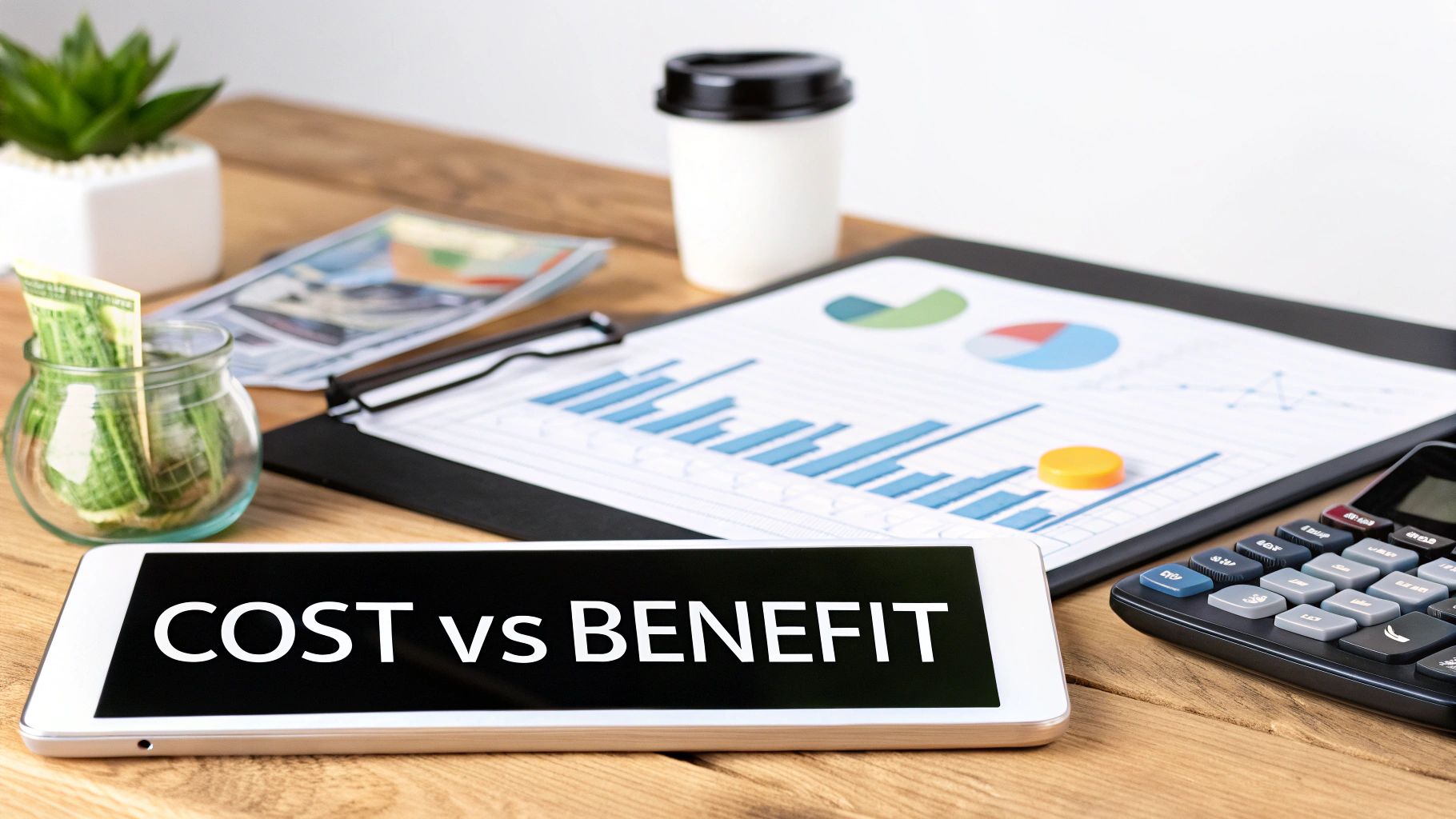 A financial desk setup showing a tablet with 'COST vs BENEFIT' text, money, charts, and a calculator.