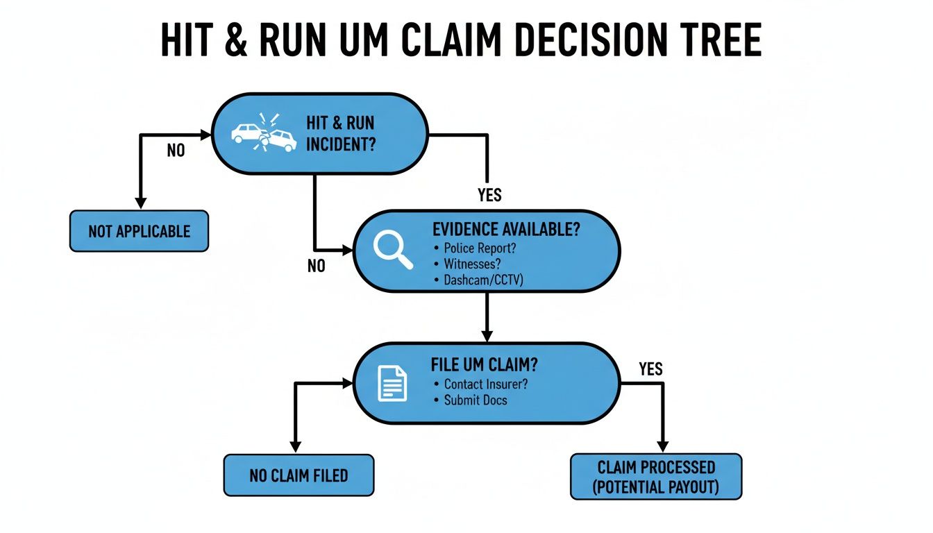Flowchart explaining the decision process for a hit and run uninsured motorist claim.