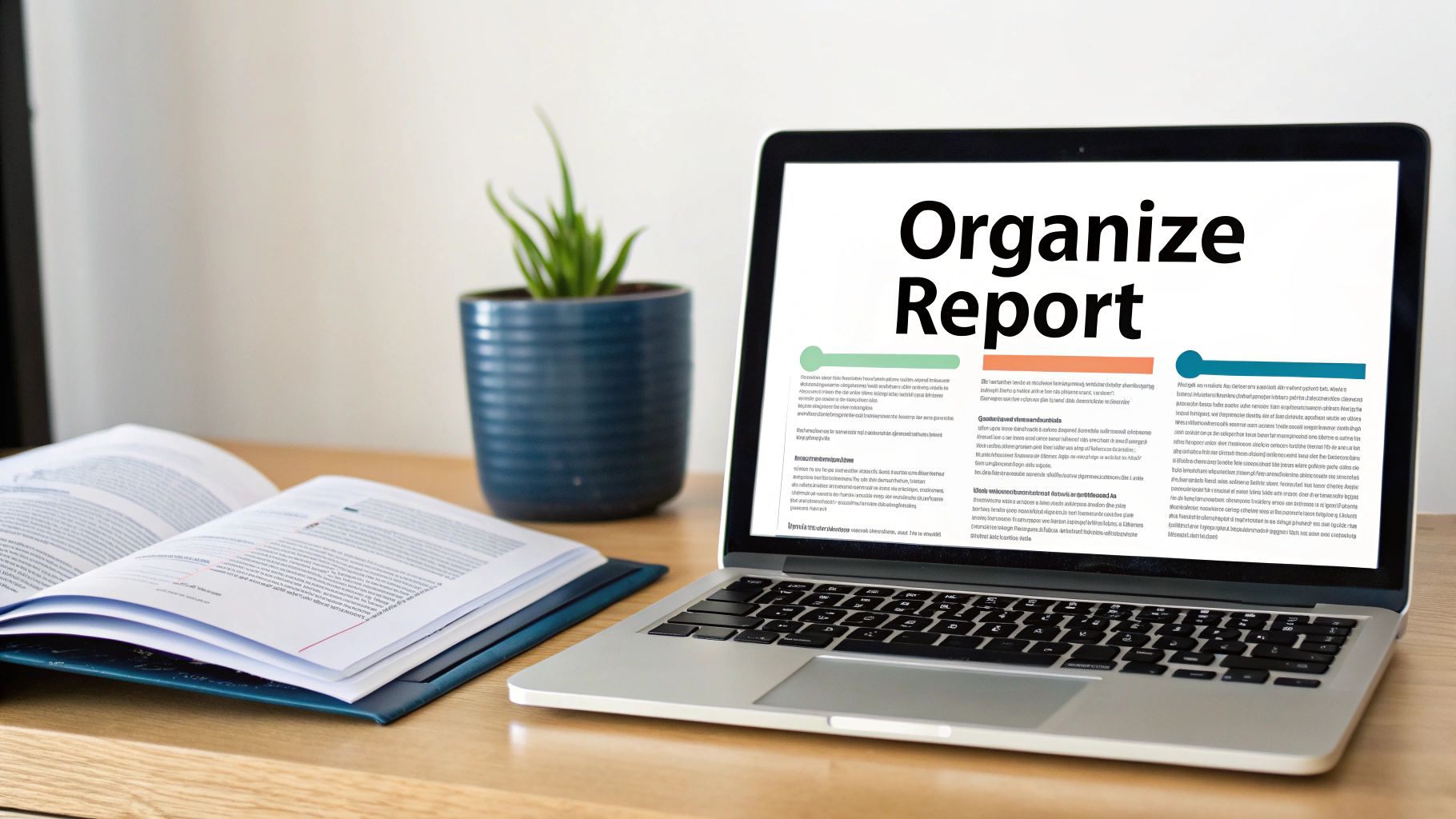 Laptop displaying 'Organize Report' on screen, alongside an open book and a green plant on a wooden desk.